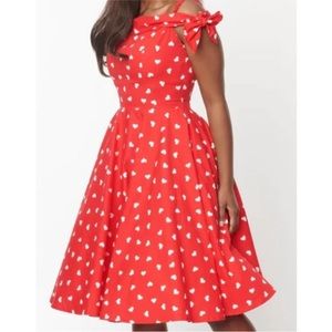 Magnolia Place Chloe Swing Dress Red White Heart Retro Tie Sleeves Rockabilly XL